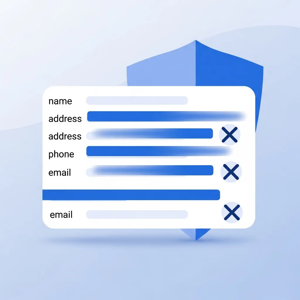 Illustration of a personal data card with rows of name, address, phone and email being redacted and removed by ProtectMyData, with a brand-blue shield reclaiming the data.