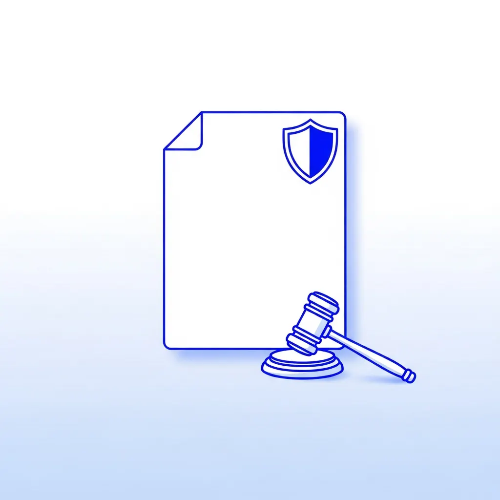 A blank legal document with a small shield seal next to a gavel.