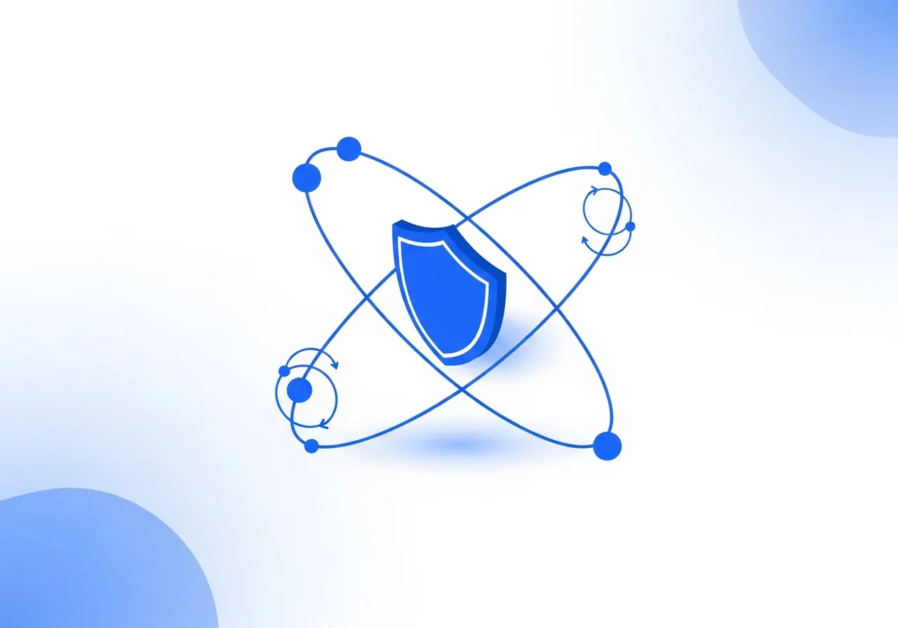 Stylized brand-blue shield surrounded by orbiting data nodes representing continuous protection.