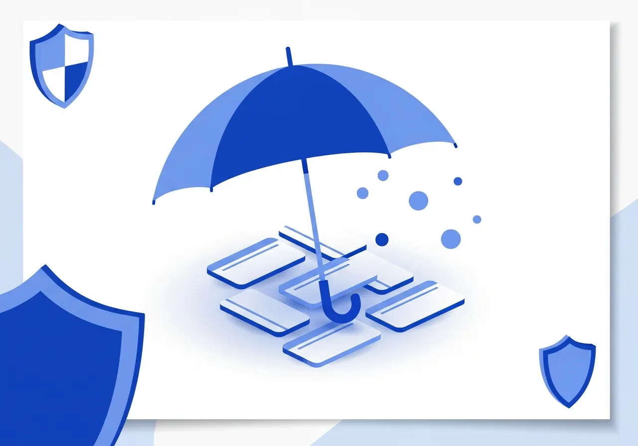 A large brand-blue umbrella shielding a small cluster of personal information cards from floating data fragments.