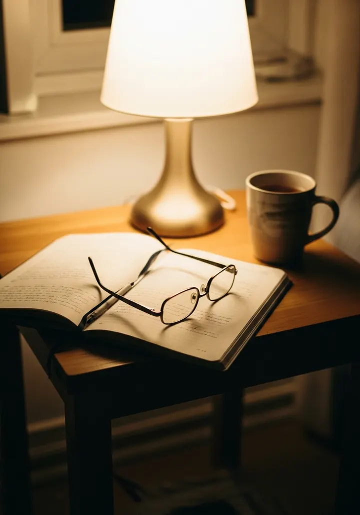 Warm reading nook with an open notebook and glasses