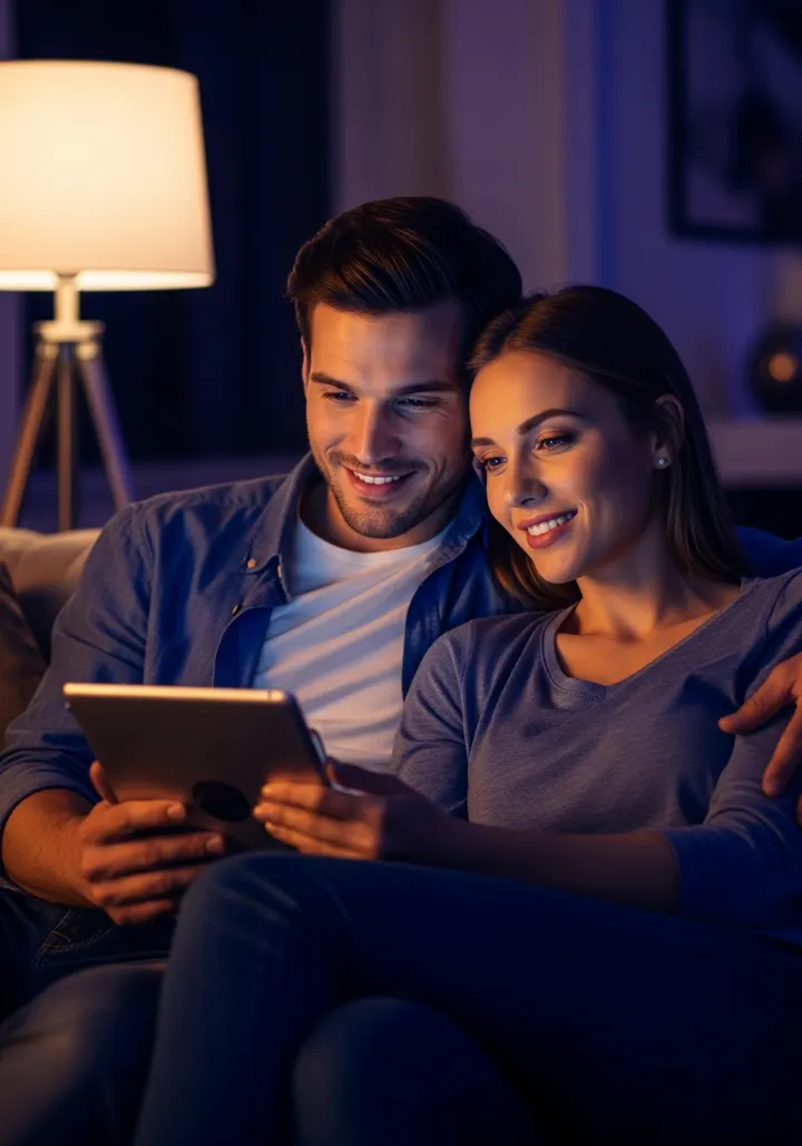 Couple relaxing together while their privacy protection runs in the background