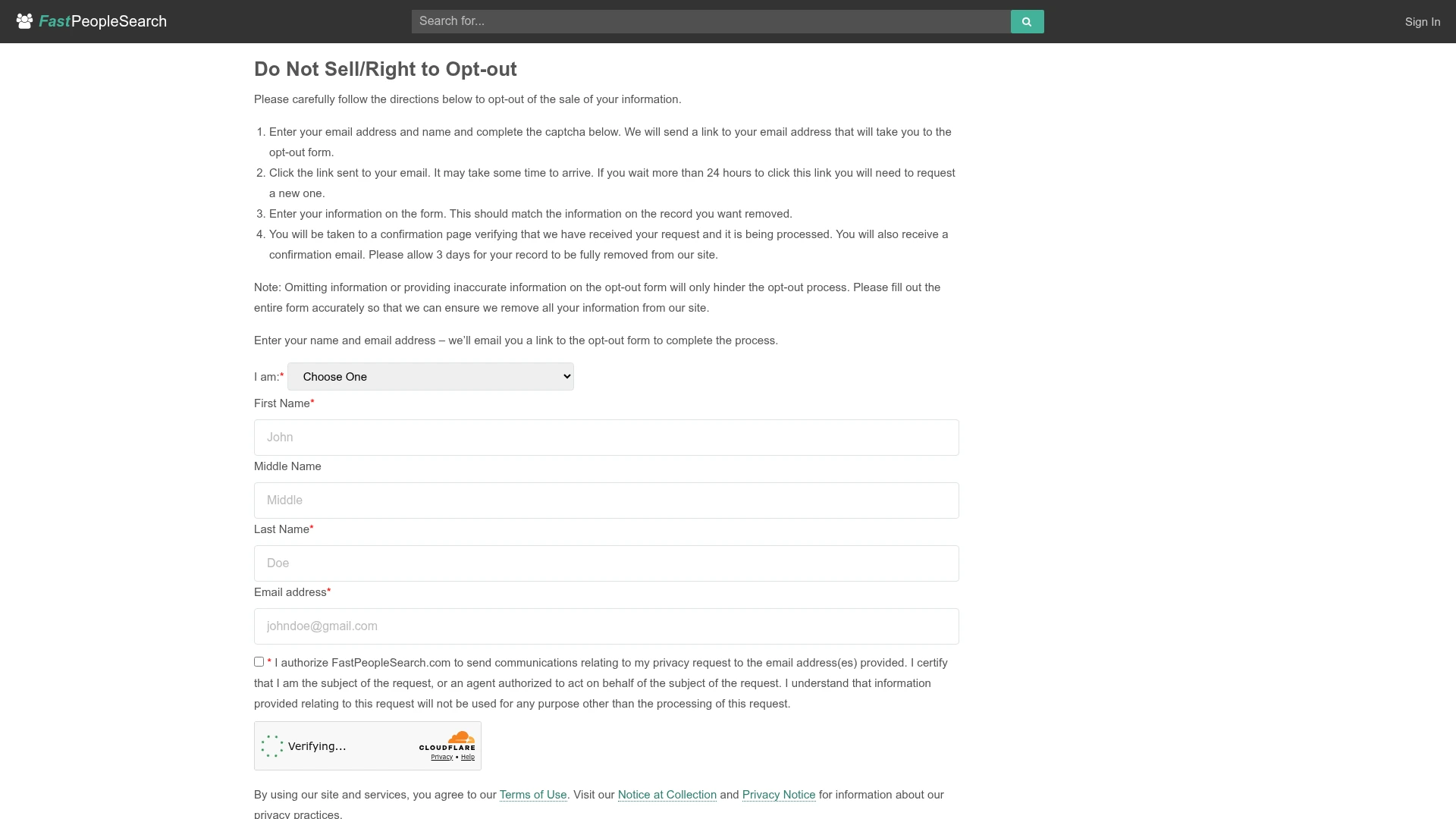 FastPeopleSearch's public blank starting form and its published removal instructions.