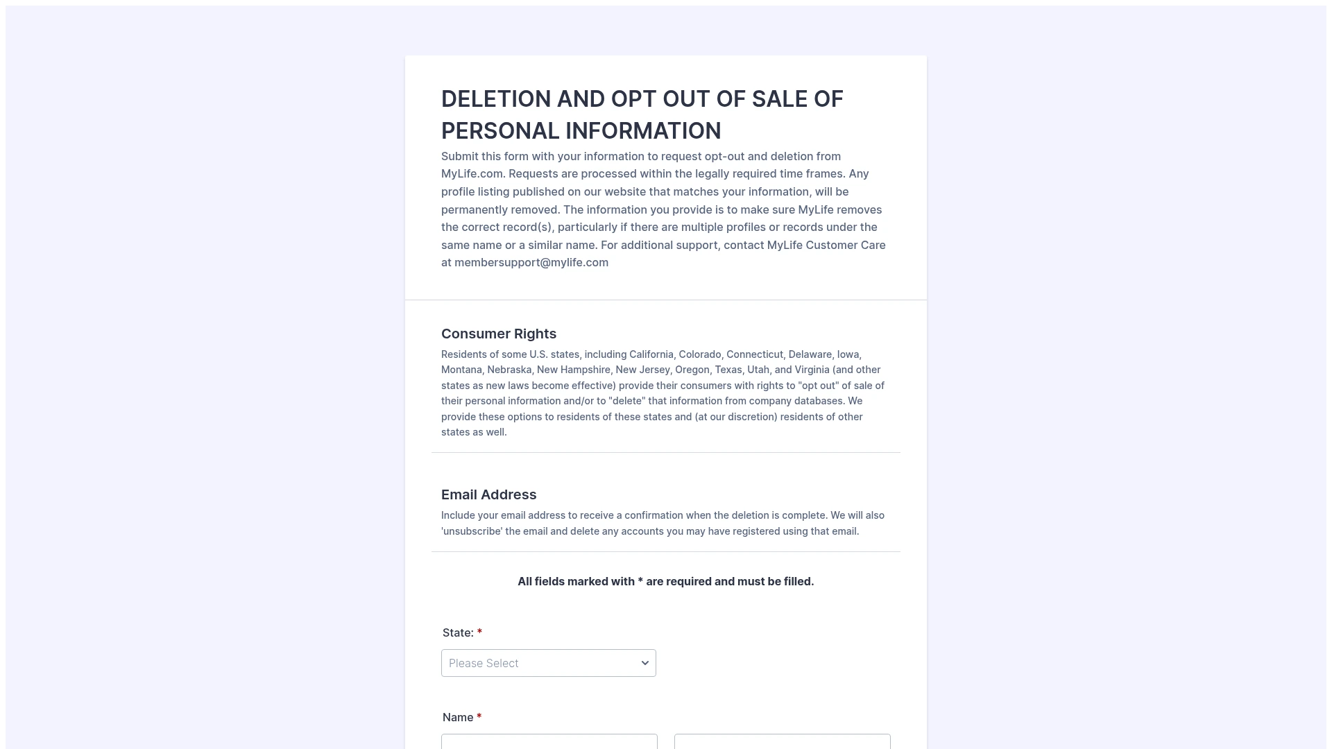 MyLife's public deletion and opt-out form showing notices and its blank starting fields.