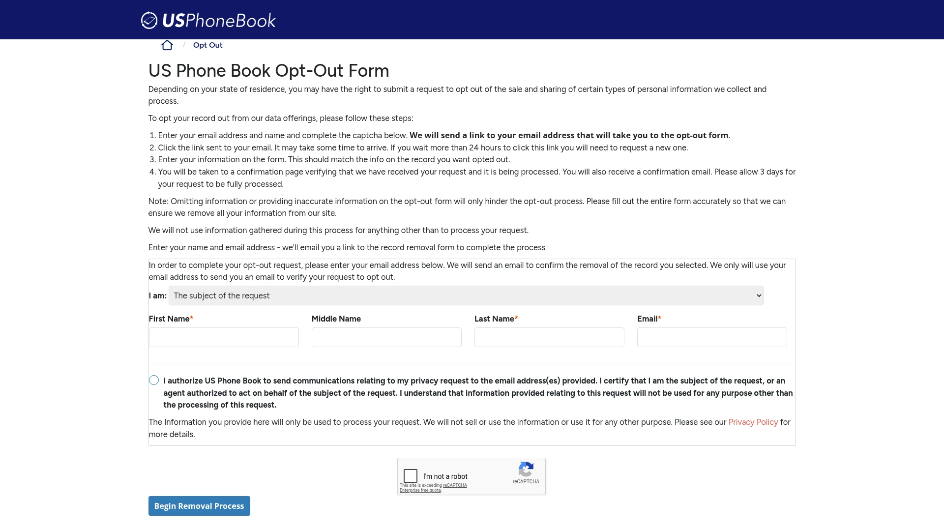 USPhoneBook's public blank starting form and its published removal instructions.