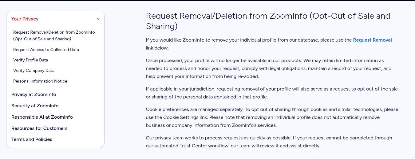 ZoomInfo's public privacy page showing Request Removal and its separate profile, company and cookie guidance.