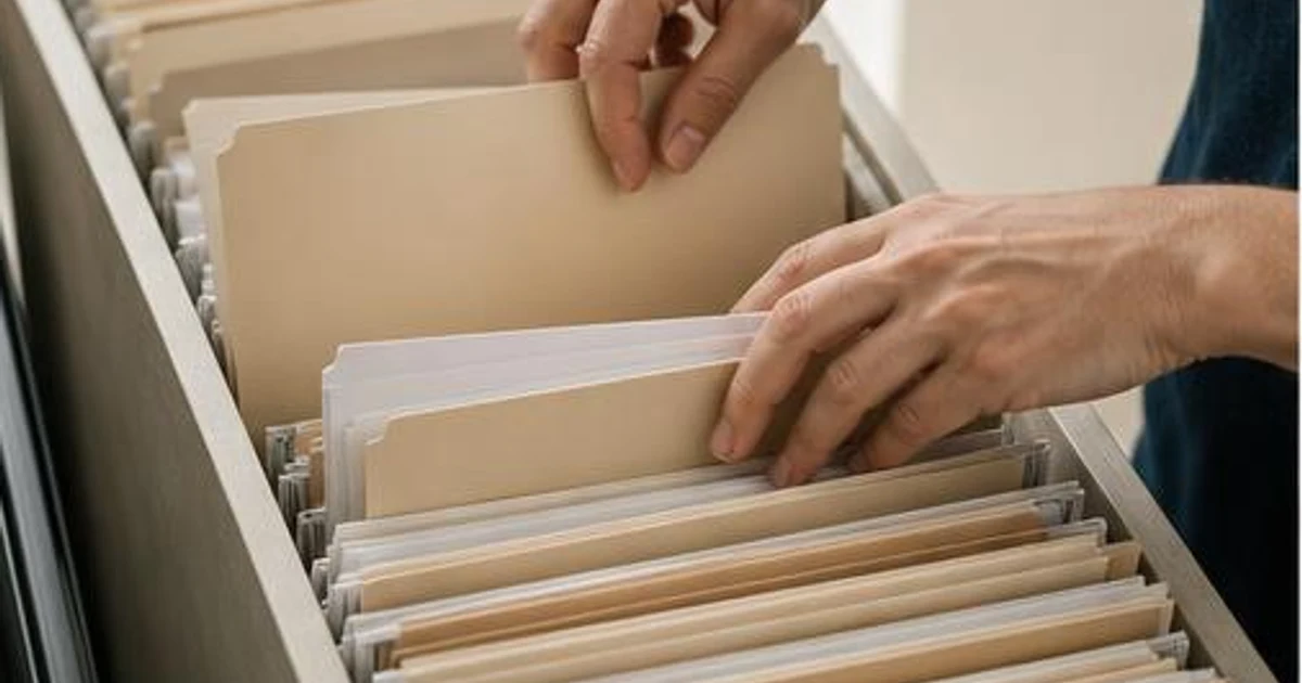 AI-generated editorial illustration, not an actual customer, exposed record or documented incident. AI-generated editorial illustration: hands organising unmarked document folders.