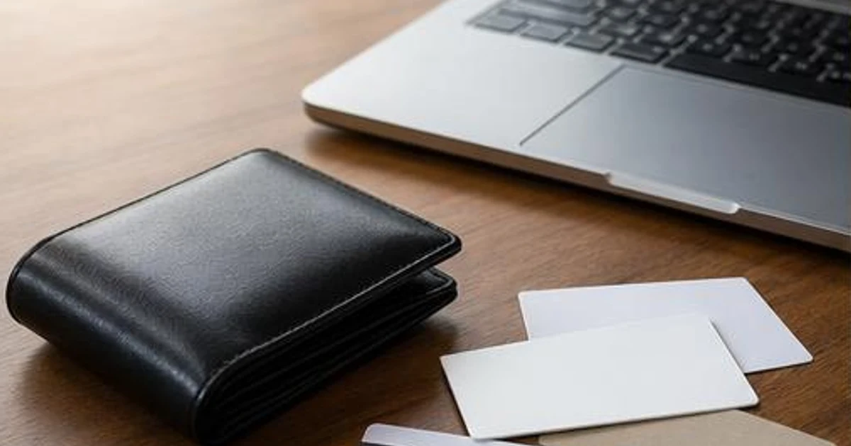 AI-generated editorial illustration, not an actual customer, exposed record or documented incident. AI-generated editorial illustration: unbranded cards and unmarked wallet beside a laptop.