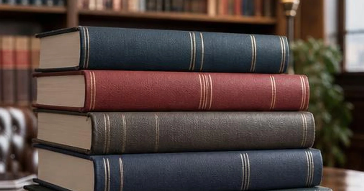 AI-generated editorial illustration, not an actual customer, exposed record or documented incident. AI-generated editorial illustration: clothbound legal books in a refined library.