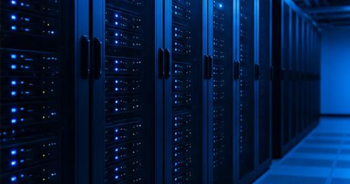 AI-generated editorial illustration: rows of data server equipment in practical blue light.