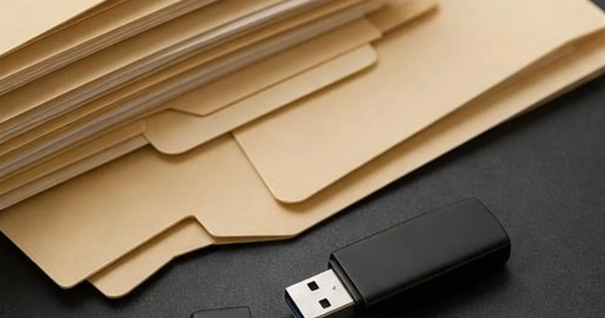 AI-generated editorial illustration: manila folders and unmarked USB drive, editorial still life.
