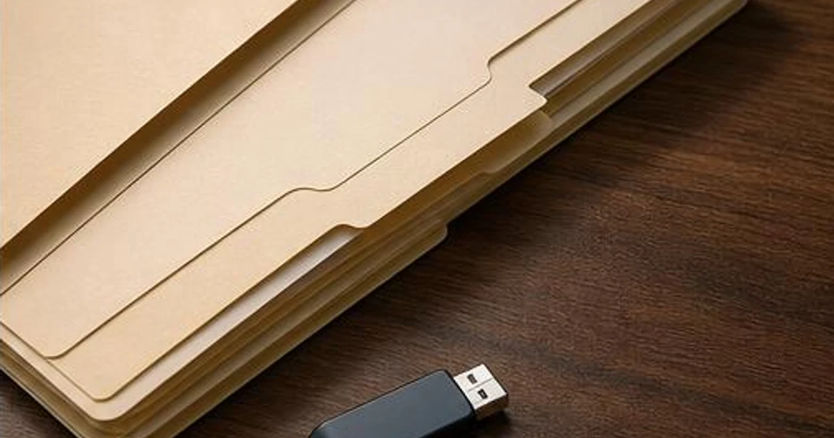 AI-generated editorial illustration, not an actual customer, exposed record or documented incident. AI-generated editorial illustration: manila folders and unmarked USB drive, editorial still life.