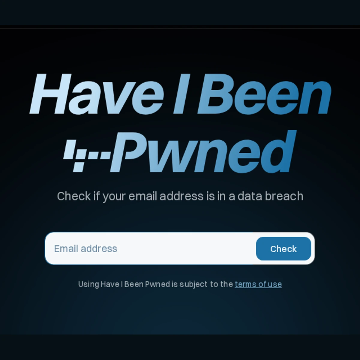 Genuine Have I Been Pwned email-check interface, captured with an empty field and without running a lookup.