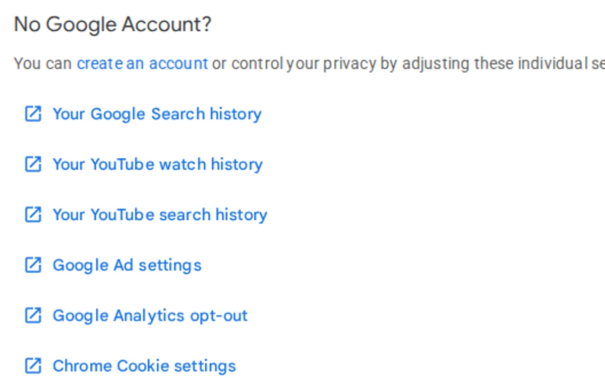 Genuine public Google privacy shortcuts for search history, advertising preferences and cookie settings, shown without signing in.