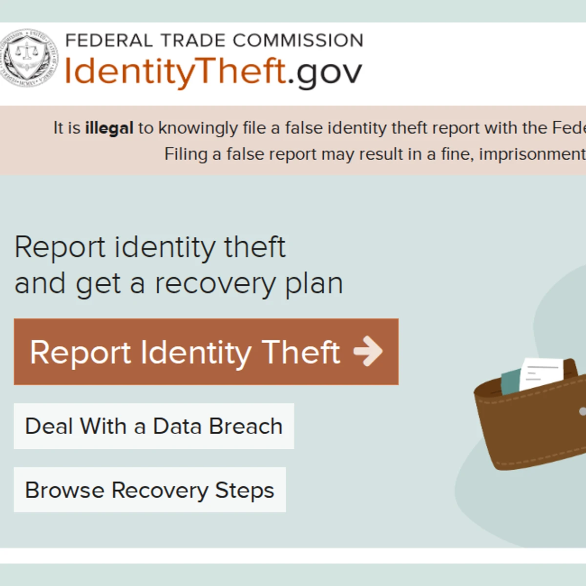 Genuine US Federal Trade Commission IdentityTheft.gov reporting and recovery interface. No report was submitted.