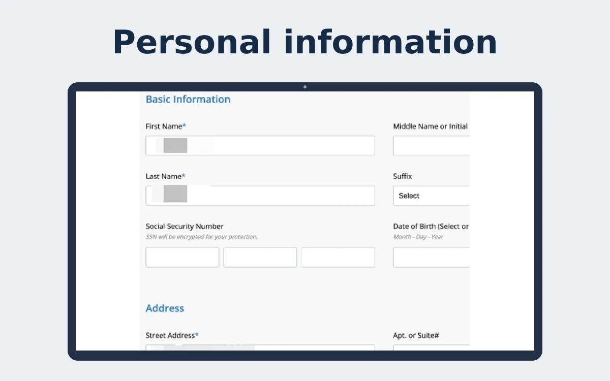 Genuine TransUnion privacy-request fields for name and address, with entered personal details obscured. An illustration of personal-information fields, not a found profile.
