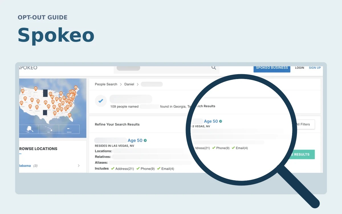 Spokeo website and magnified search details from a genuine screenshot, with personal details obscured.