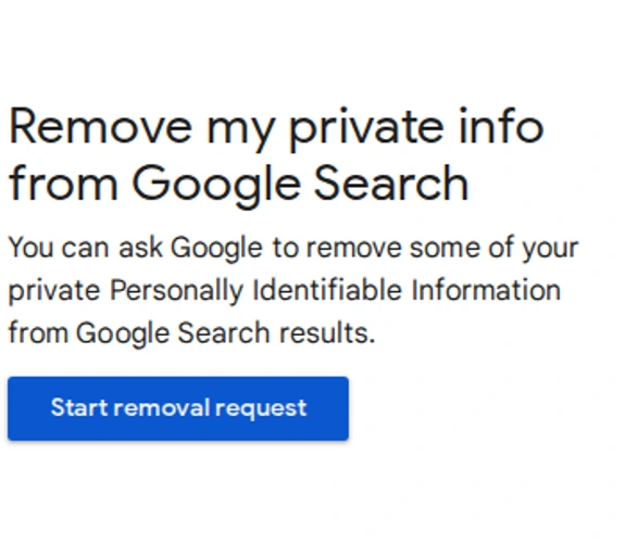 Genuine Google Search Help removal introduction and Start removal request button. No request was started and no personal information is shown.