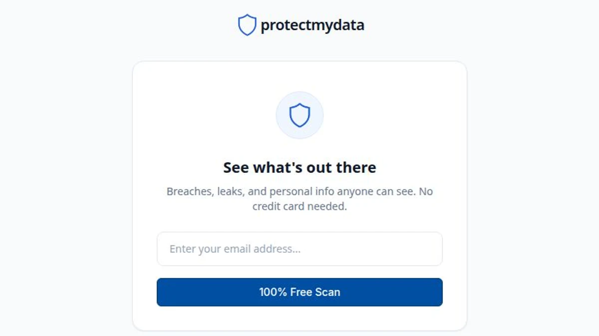 ProtectMyData's free Exposure Scan, showing its empty email field and scan button. No lookup was performed.