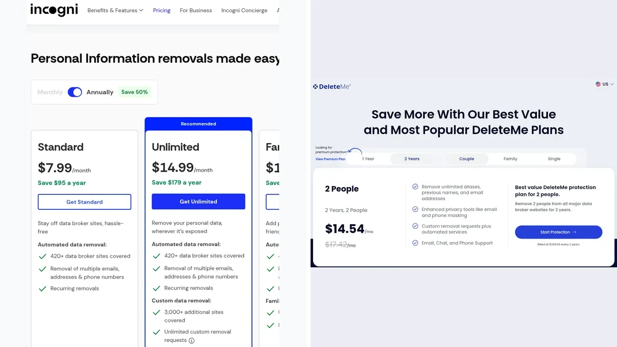 Genuine excerpts from the official Incogni and DeleteMe pricing pages, shown side by side for editorial comparison.