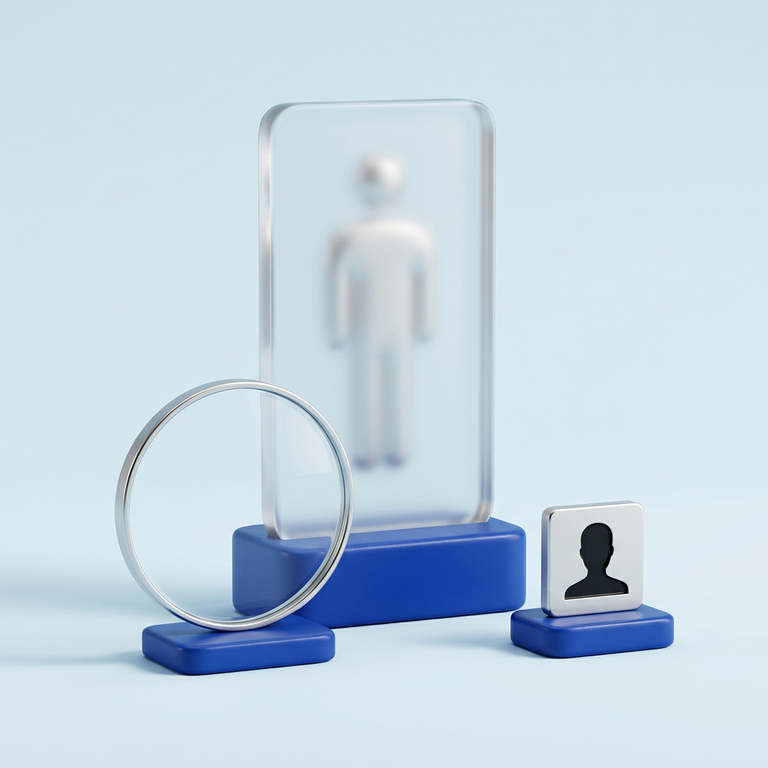Original conceptual illustration: an anonymous identity plaque and search lens, representing identifying the correct record. Not a broker screenshot.
