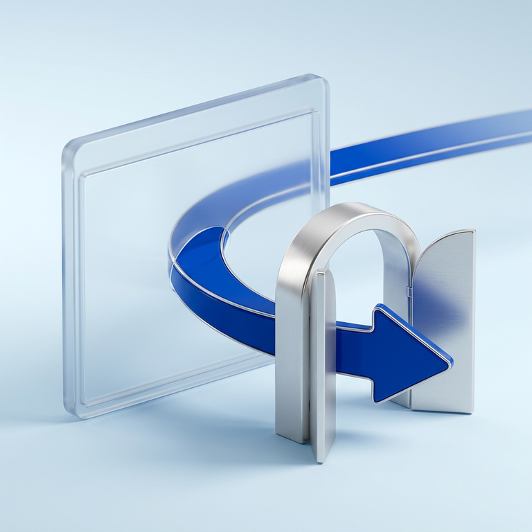 Original conceptual illustration: a glass browser window, route arrow and gateway, representing checking official removal options. Not a broker screenshot.
