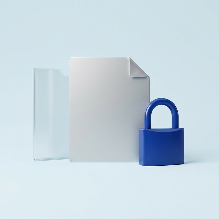 Original conceptual illustration: a document sleeve and privacy padlock, representing reviewing document-sharing requirements. Not a broker screenshot.