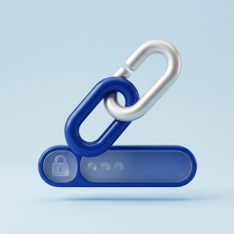 Original conceptual illustration: interlocking chain links and an address-bar capsule, representing saving the exact record URL. Not a broker screenshot.