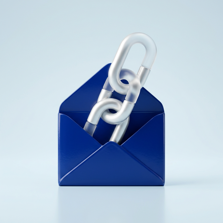 Original conceptual illustration: an open envelope and chain-link symbol, representing opening the emailed form link. Not a broker screenshot.