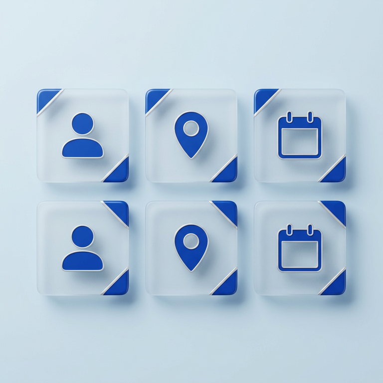 Original conceptual illustration: identity, location and calendar tiles, representing matching personal details. Not a broker screenshot.