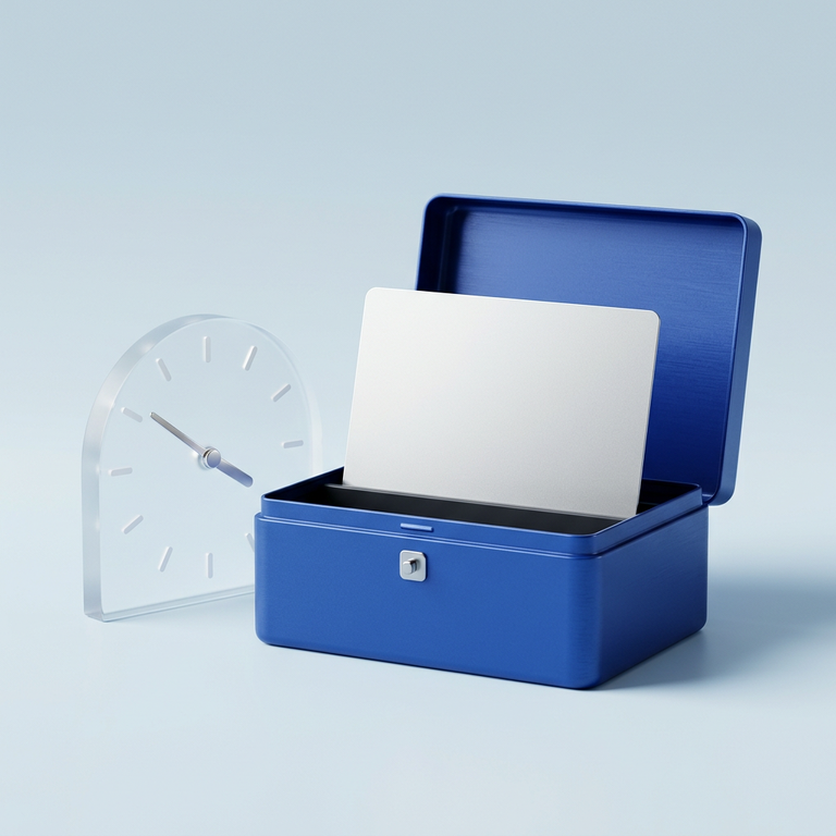 Original conceptual illustration: an archive box, response card and clock, representing saving the response. Not a broker screenshot.