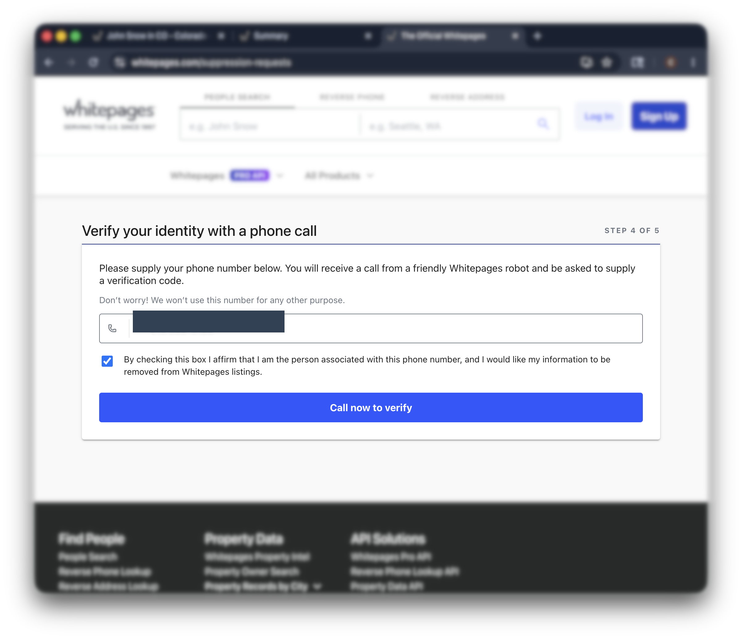 Historical Whitepages shared processor verification screen interface example for 411.com. Example identifying details are obscured where needed.
