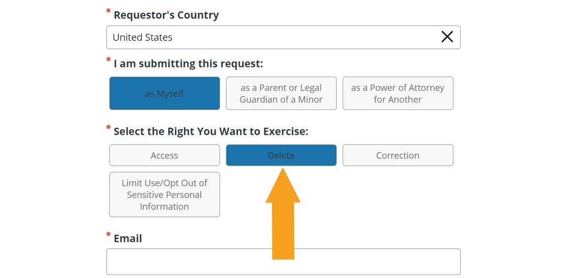 Historical request-type selection interface example for Acxiom. Example identifying details are obscured where needed.