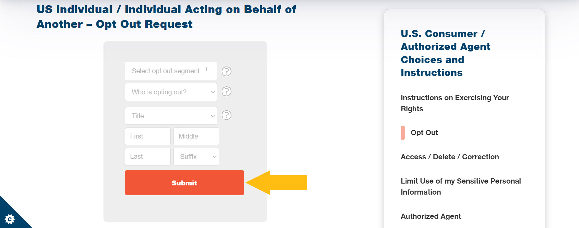 Historical consumer request fields interface example for Acxiom. Example identifying details are obscured where needed.