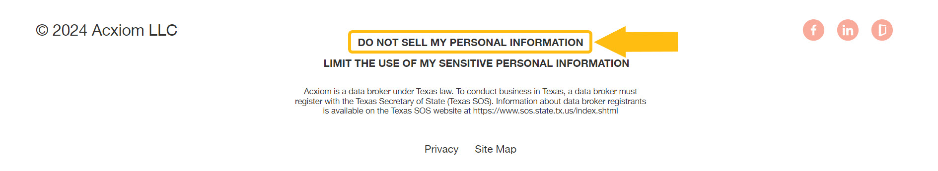 Historical privacy choices link interface example for Acxiom. Example identifying details are obscured where needed.