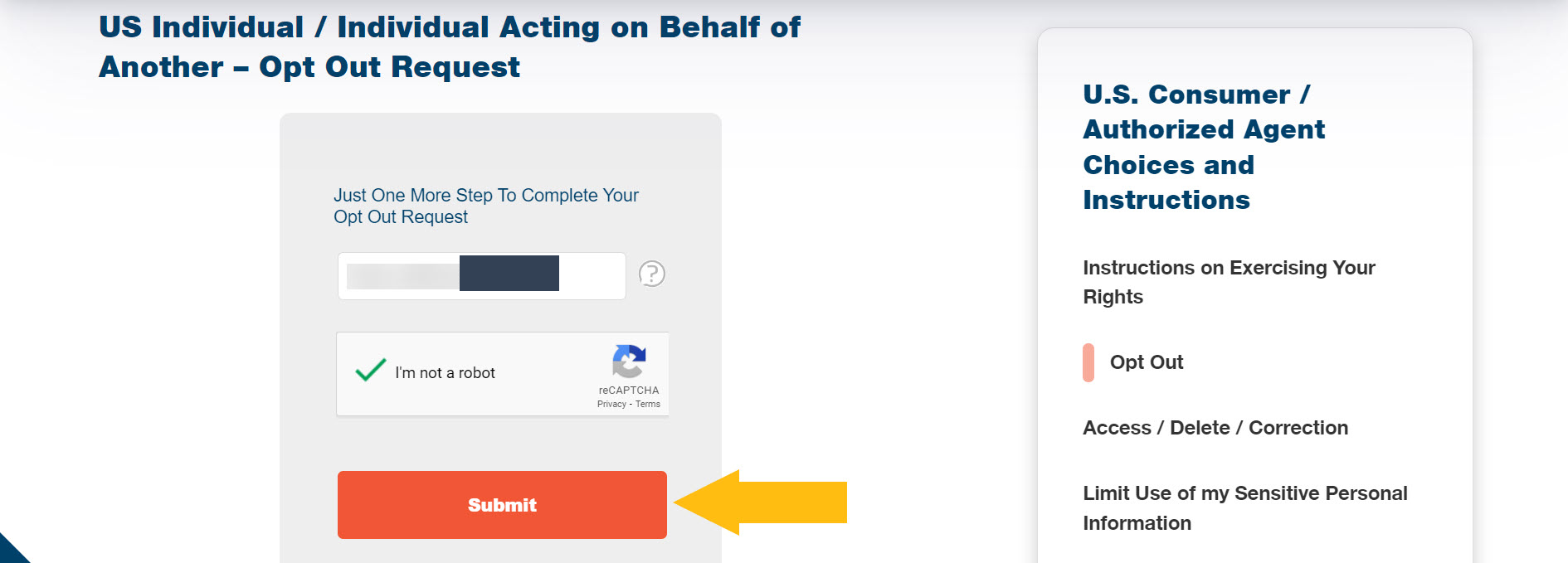 Historical request agreement and submission controls interface example for Acxiom. Example identifying details are obscured where needed.