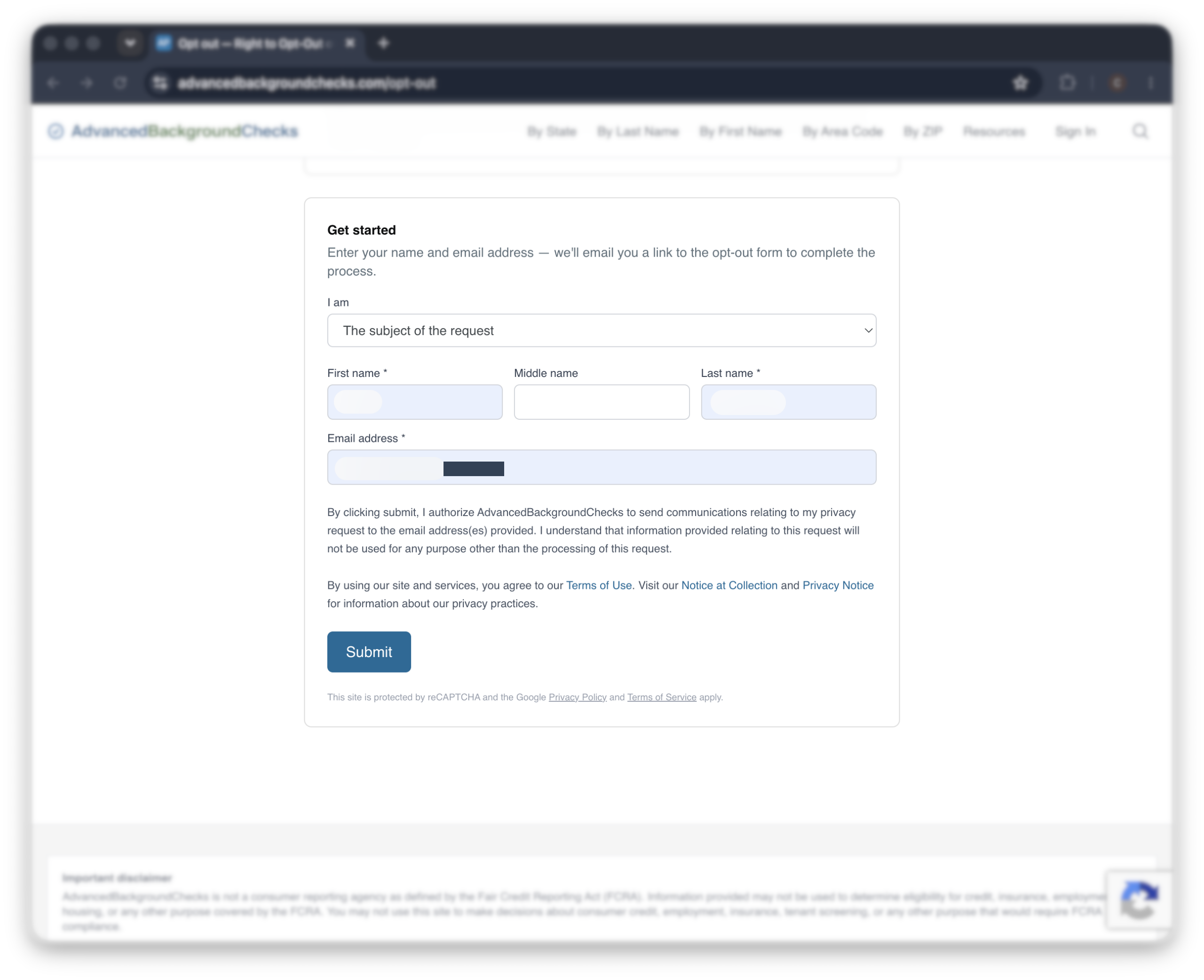 Historical email request form interface example for Advanced Background Checks. Example identifying details are obscured where needed.