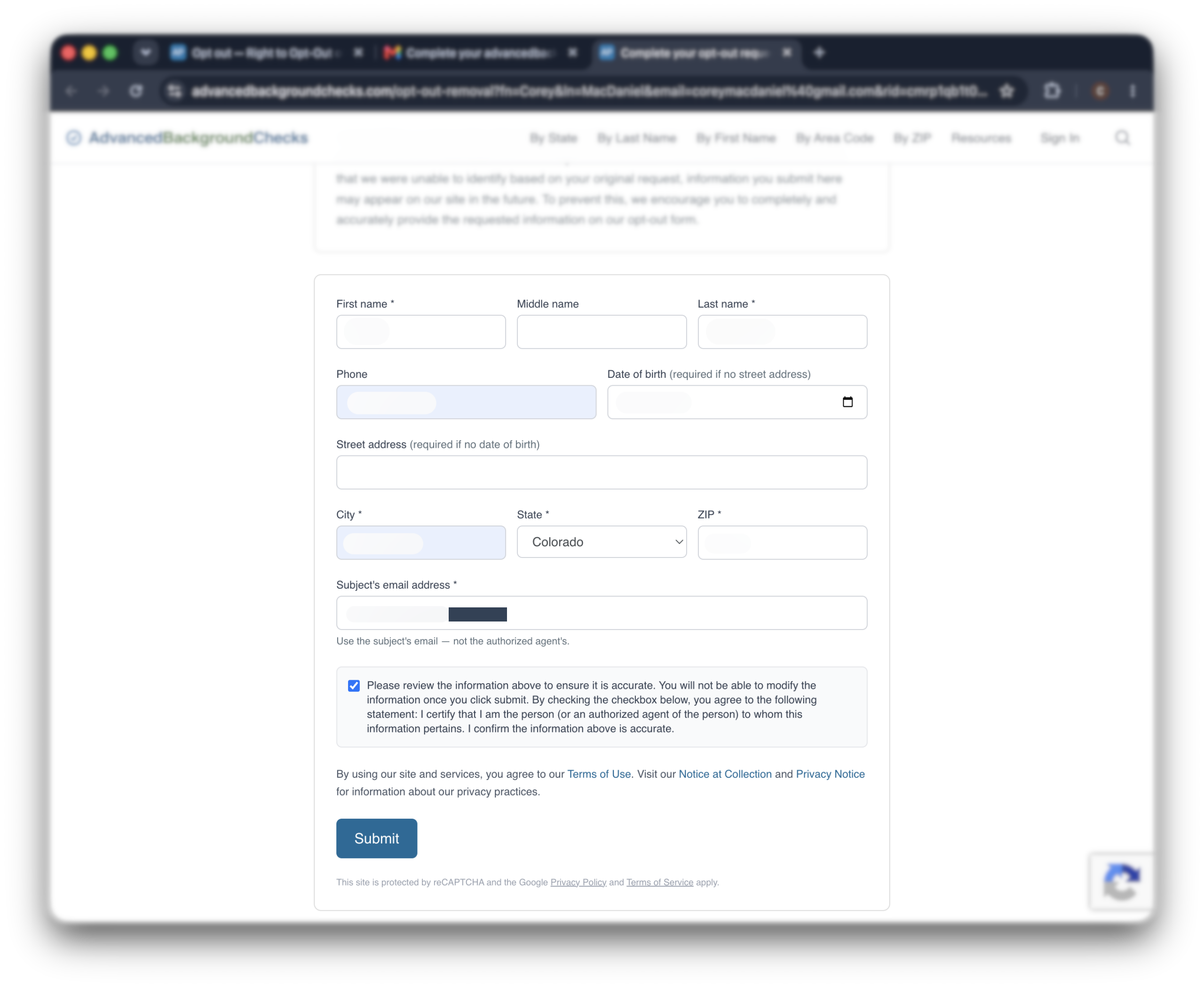 Historical record matching form interface example for Advanced Background Checks. Example identifying details are obscured where needed.