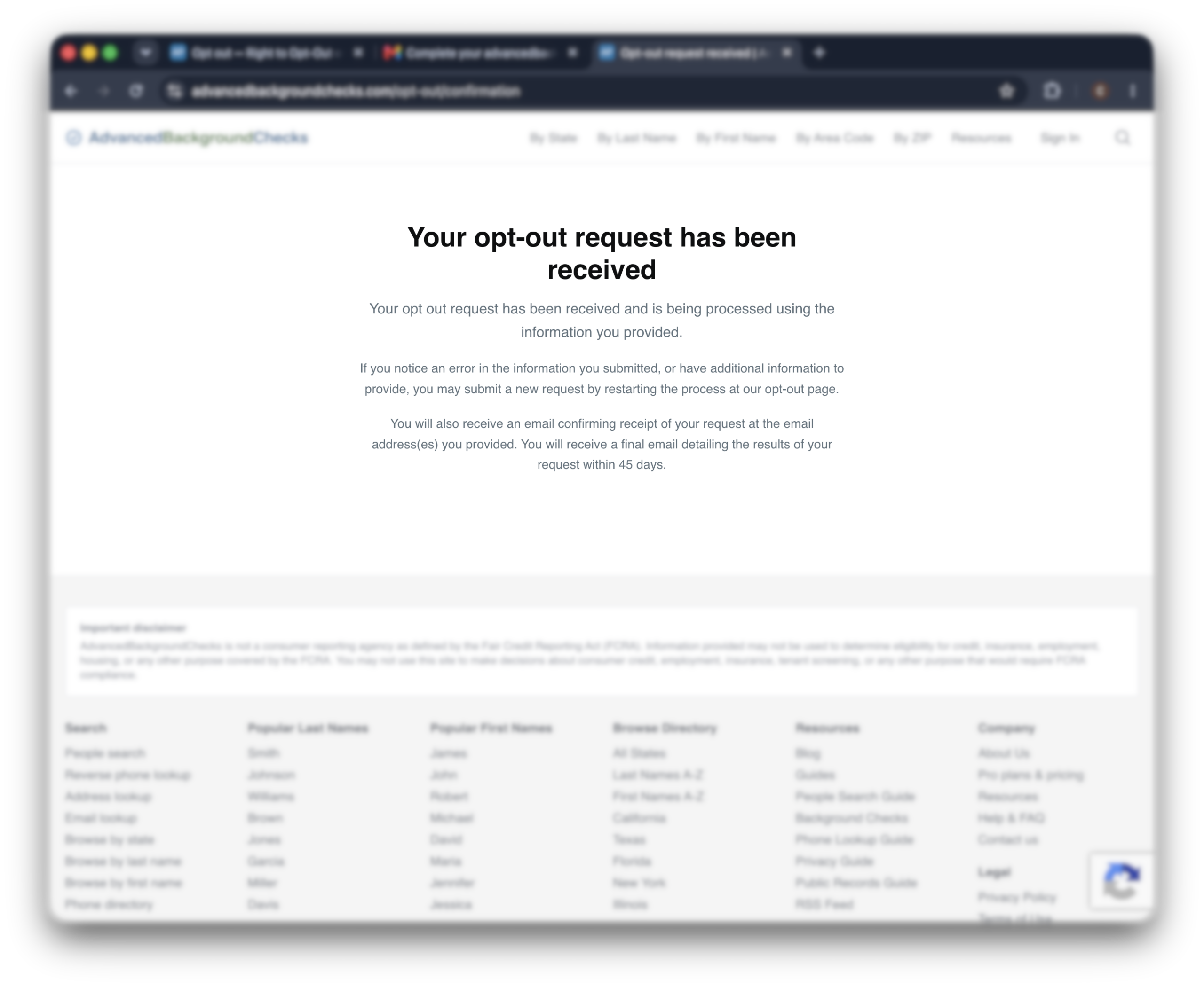 Historical request-received response, not completed removal interface example for Advanced Background Checks. Example identifying details are obscured where needed.