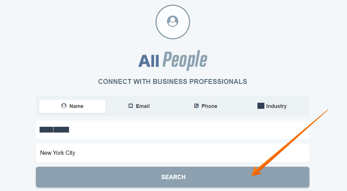 Historical business-contact search interface example for AllPeople. Example identifying details are obscured where needed.