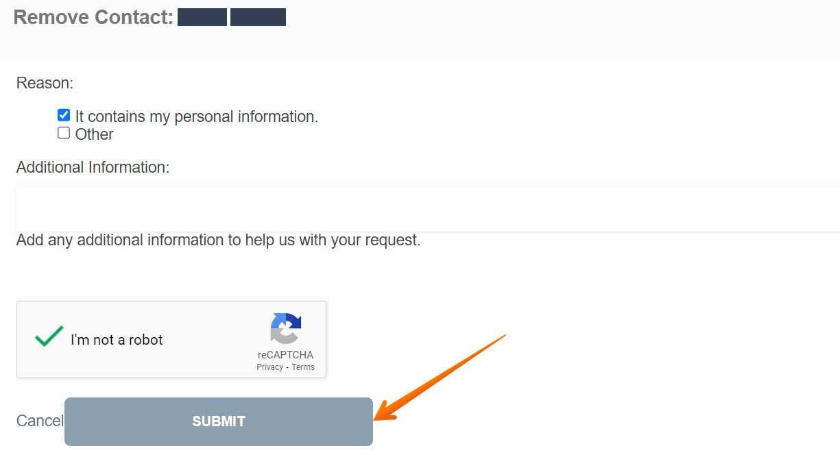 Historical personal-information removal form interface example for AllPeople. Example identifying details are obscured where needed.