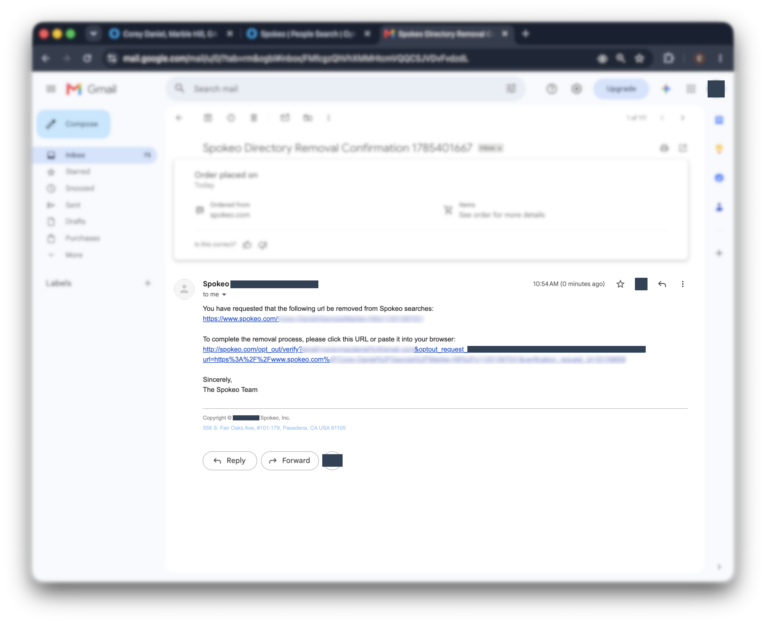 Historical Spokeo shared processor verify-email screen interface example for AnyWho. Example identifying details are obscured where needed.