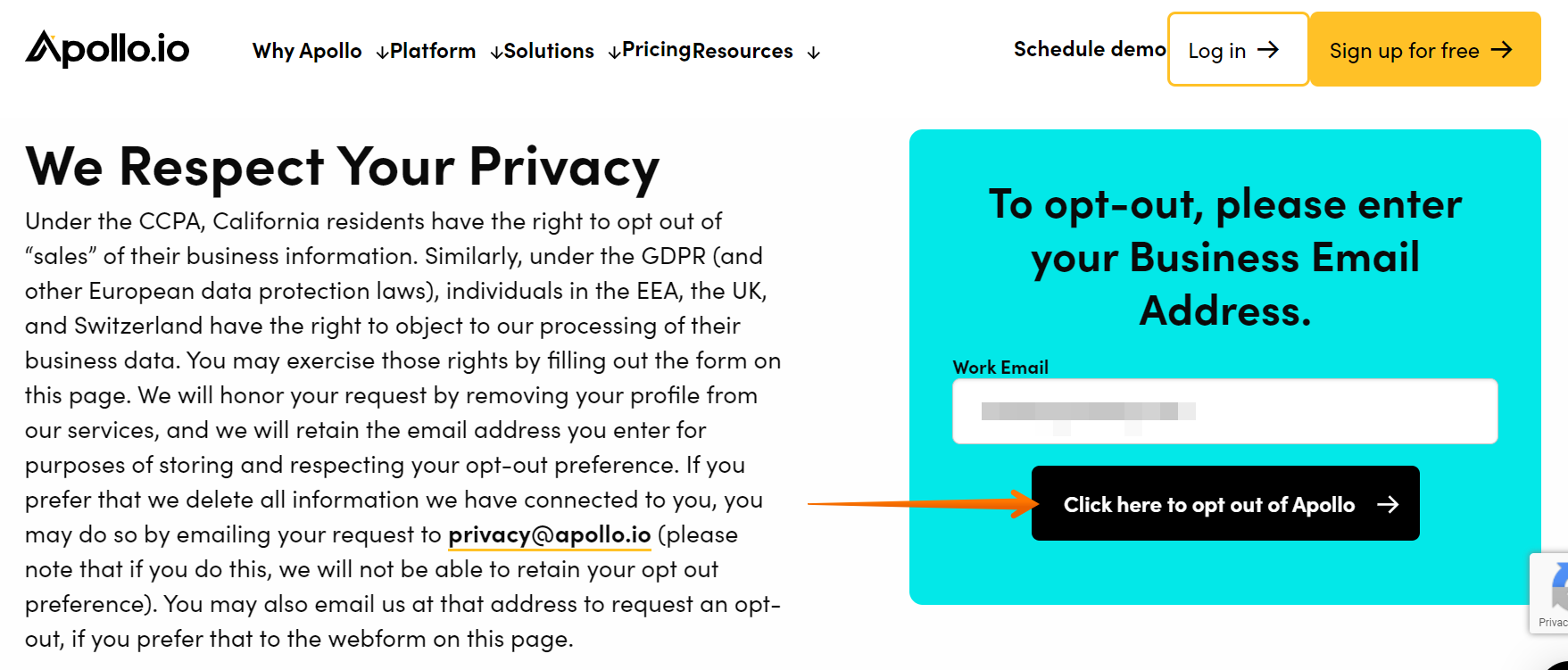 Historical business-email request interface example for Apollo. Example identifying details are obscured where needed.