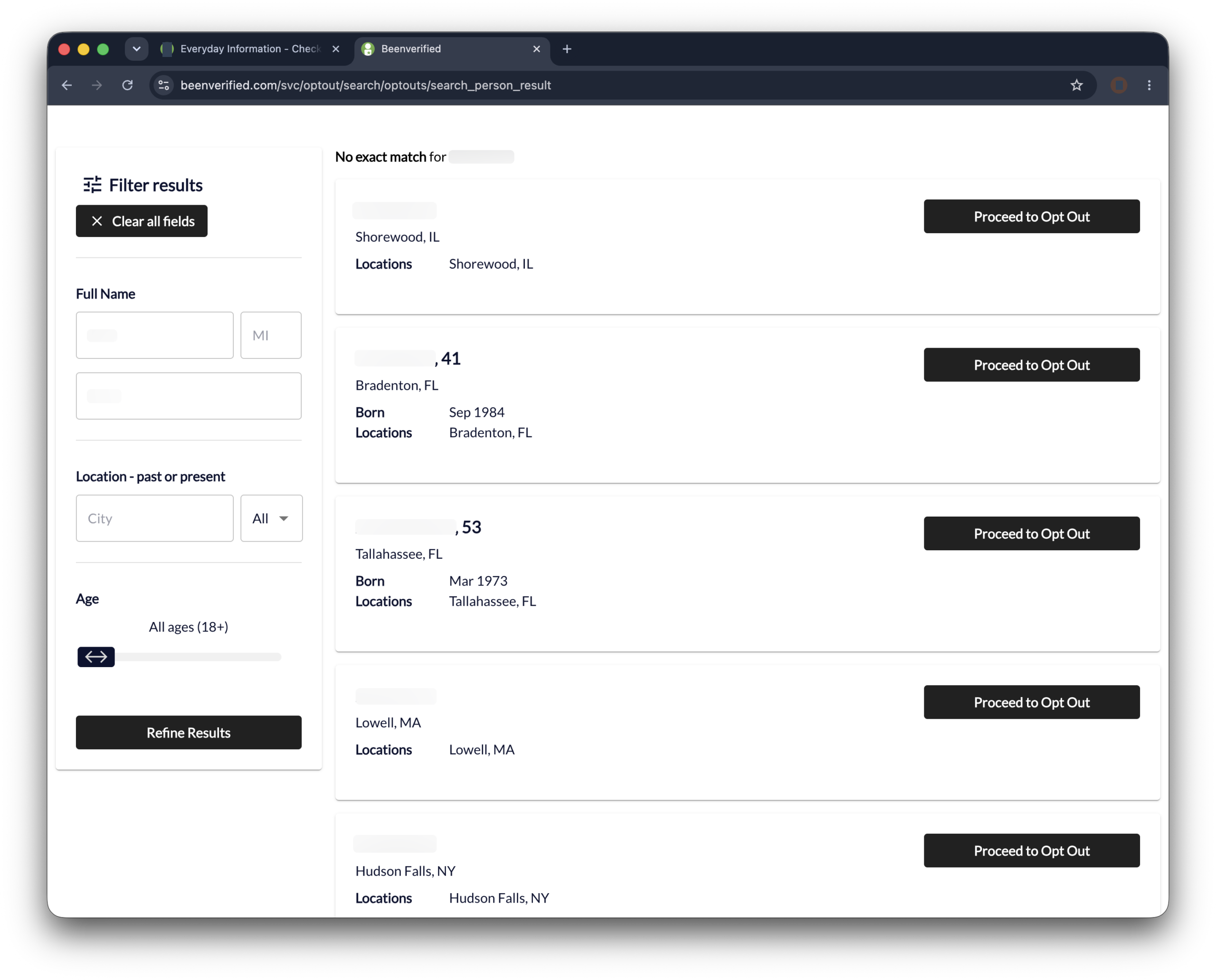 Historical matching-record selection interface example for BeenVerified. Example identifying details are obscured where needed.