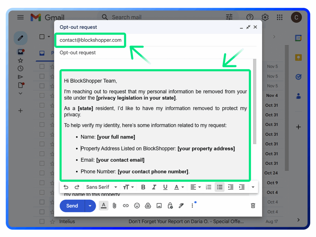 Historical 4. Send an opt-out request to [email protected] interface example for BlockShopper. Example identifying details are obscured where needed.
