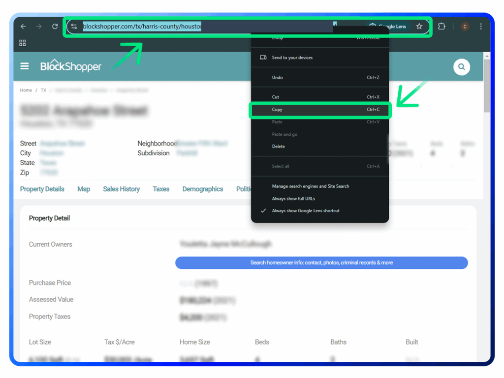 Historical 3. Copy the URL of your listing interface example for BlockShopper. Example identifying details are obscured where needed.