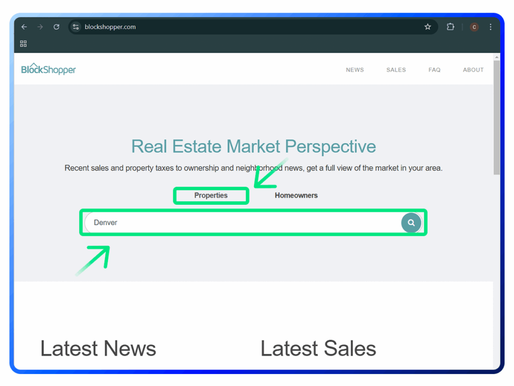 Historical property search interface example for BlockShopper. Example identifying details are obscured where needed.
