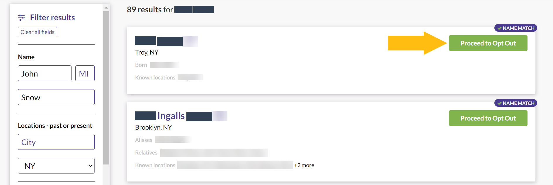 Historical matching-record selection interface example for Bumper. Example identifying details are obscured where needed.