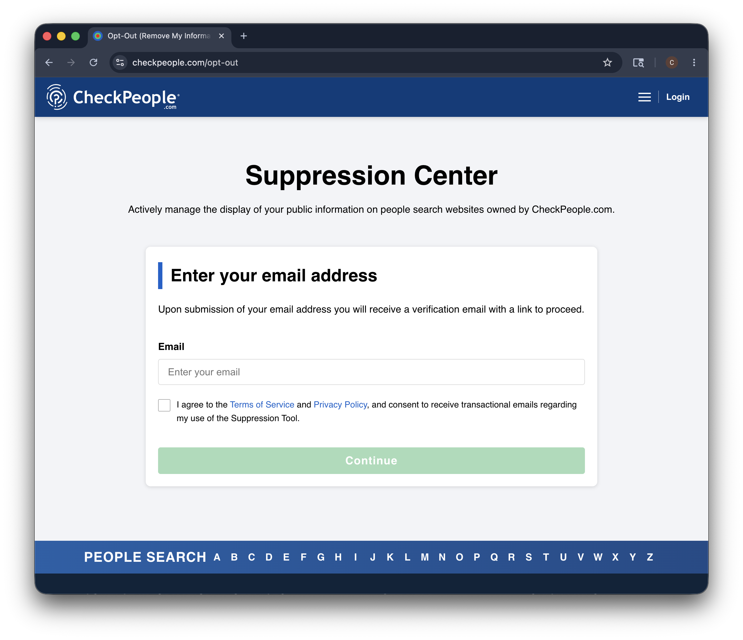 Historical suppression starting form interface example for CheckPeople. Example identifying details are obscured where needed.