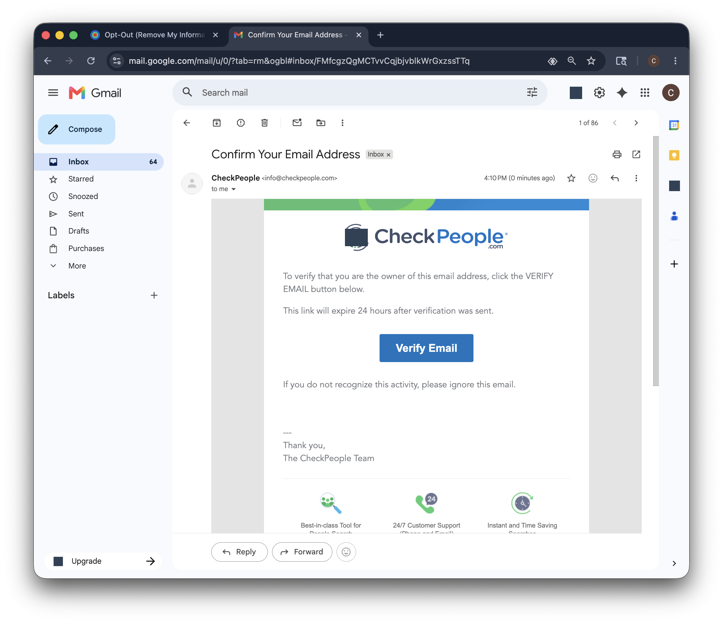Historical Verify your email interface example for CheckPeople. Example identifying details are obscured where needed.